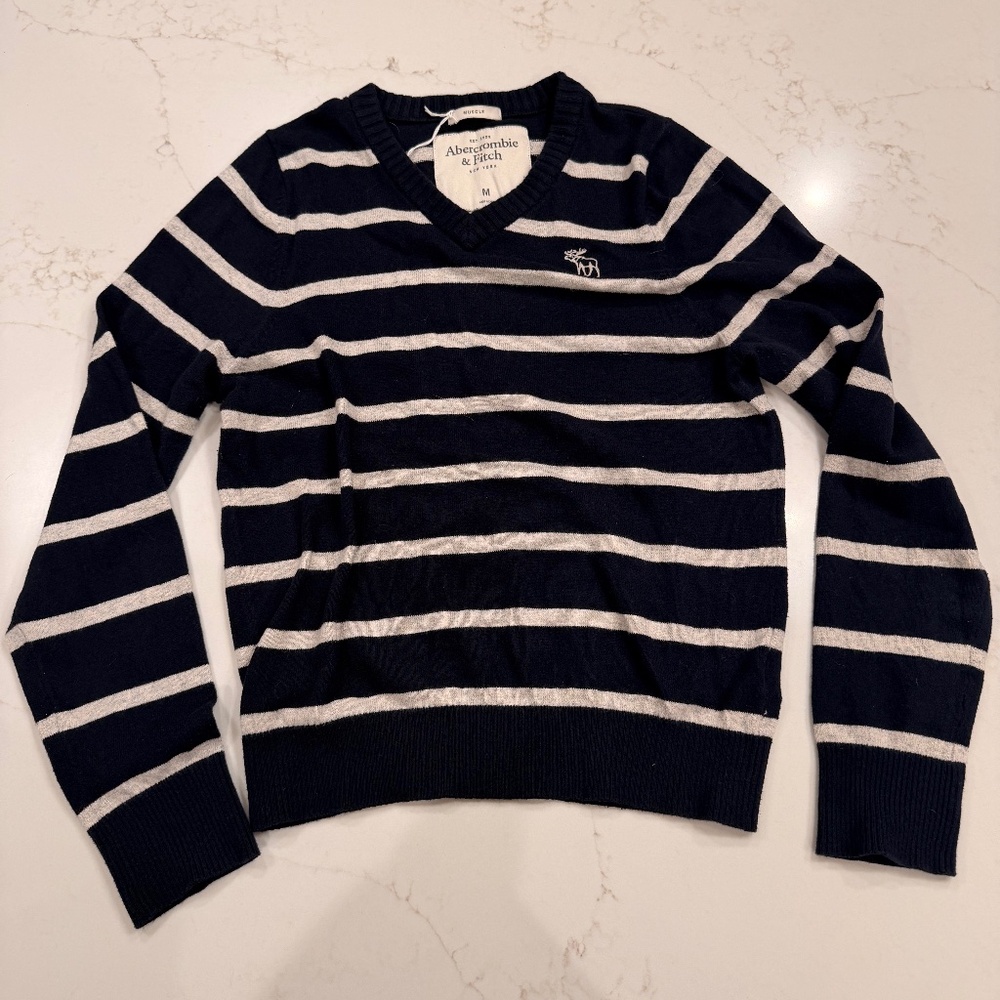 Abercrombie & Fitch Navy White Striped V Neck Preppy Sweater M